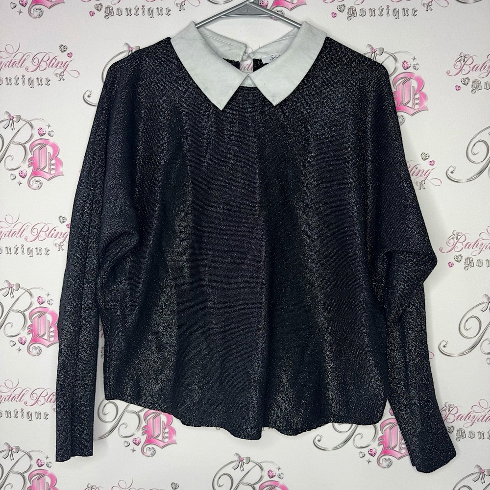 Sioni Milano top long sleeve collar sparkly black silver new with tags shimmer